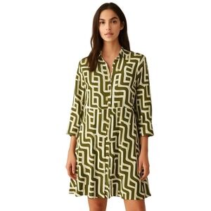 ZARA Women's Shirt Dress Sz L Green White Geometric Print Long Sleeve
